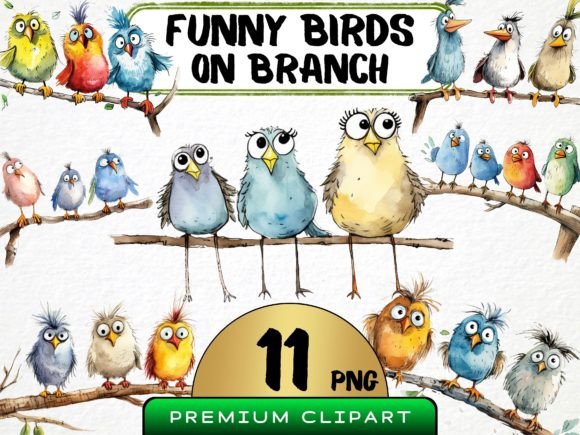 Download Funny Birds on Branch Clipart Bundle PNG - Branch Collection